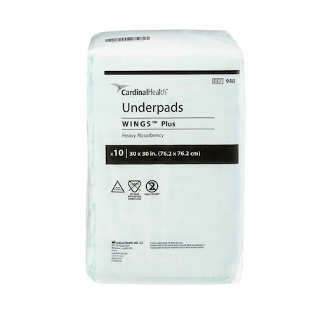 Wings Plus Disposable Underpad 30 X 30 Inch Fluff / Polymer Heavy Absorbency, 10PK 948